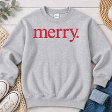 Load image into Gallery viewer, Merry Word Art Christmas design on Ash Grey crewneck sweatshirt