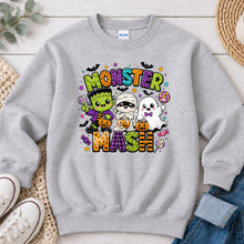 Load image into Gallery viewer, Monster Mash Friends Halloween design on Ash Grey crewneck sweatshirt