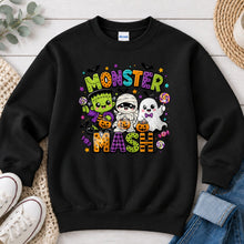 Load image into Gallery viewer, Monster Mash Friends Halloween design on Black crewneck sweatshirt