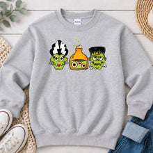 Load image into Gallery viewer, Monster Potion Trio Halloween design on Ash Grey crewneck sweatshirt