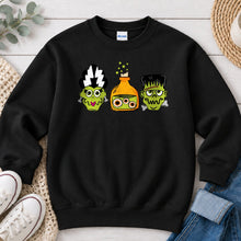 Load image into Gallery viewer, Monster Potion Trio Halloween design on Black crewneck sweatshirt
