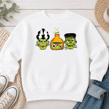Load image into Gallery viewer, Monster Potion Trio Halloween design on White crewneck sweatshirt