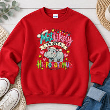Load image into Gallery viewer, Most Likely To Get a Hippopotamus Christmas design on Red crewneck sweatshirt
