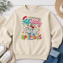 Load image into Gallery viewer, Most Likely To Get a Hippopotamus Christmas design on Sand crewneck sweatshirt