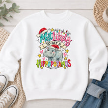 Load image into Gallery viewer, Most Likely To Get a Hippopotamus Christmas design on White crewneck sweatshirt