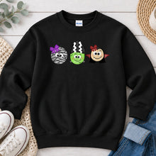 Load image into Gallery viewer, Mummy Frankenstein Vampire Purple Bow Halloween design on Black crewneck sweatshirt