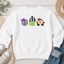 Load image into Gallery viewer, Mummy Frankenstein Vampire Purple Bow Halloween design on White crewneck sweatshirt