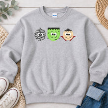 Load image into Gallery viewer, Mummy Frankenstein Vampire Trio Halloween design on Ash Grey crewneck sweatshirt