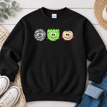 Load image into Gallery viewer, Mummy Frankenstein Vampire Trio Halloween design on Black crewneck sweatshirt