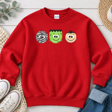 Load image into Gallery viewer, Mummy Frankenstein Vampire Trio Halloween design on Red crewneck sweatshirt