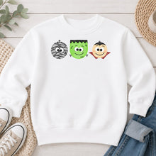 Load image into Gallery viewer, Mummy Frankenstein Vampire Trio Halloween design on White crewneck sweatshirt