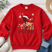 Load image into Gallery viewer, My 1st Christmas Reindeer Plaid Christmas design on Red crewneck sweatshirt