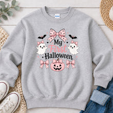 Load image into Gallery viewer, My First Halloween Pink Bows Halloween design on Ash Grey crewneck sweatshirt