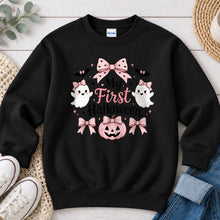 Load image into Gallery viewer, My First Halloween Pink Bows Halloween design on Black crewneck sweatshirt