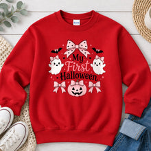Load image into Gallery viewer, My First Halloween Pink Bows Halloween design on Red crewneck sweatshirt