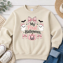 Load image into Gallery viewer, My First Halloween Pink Bows Halloween design on Sand crewneck sweatshirt