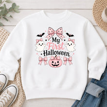 Load image into Gallery viewer, My First Halloween Pink Bows Halloween design on White crewneck sweatshirt
