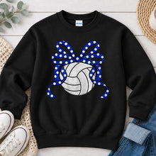 Load image into Gallery viewer, Navy Polka Dot Bow Volleyball Sports design on Black crewneck sweatshirt