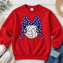 Load image into Gallery viewer, Navy Polka Dot Bow Volleyball Sports design on Red crewneck sweatshirt