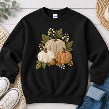 Load image into Gallery viewer, Neutral Embroidered Pumpkins Fall design on Black crewneck sweatshirt