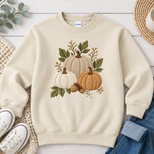 Load image into Gallery viewer, Neutral Embroidered Pumpkins Fall design on Sand crewneck sweatshirt