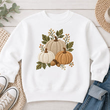 Load image into Gallery viewer, Neutral Embroidered Pumpkins Fall design on White crewneck sweatshirt