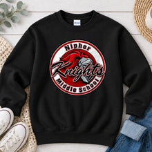 Load image into Gallery viewer, Nipher Knights Middle School Spirit Wear design on Black crewneck sweatshirt