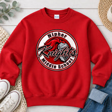 Load image into Gallery viewer, Nipher Knights Middle School Spirit Wear design on Red crewneck sweatshirt