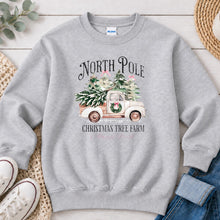 Load image into Gallery viewer, North Pole Christmas Tree Farm Truck Christmas design on Ash Grey crewneck sweatshirt