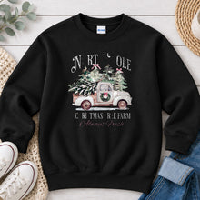Load image into Gallery viewer, North Pole Christmas Tree Farm Truck Christmas design on Black crewneck sweatshirt
