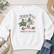 Load image into Gallery viewer, North Pole Christmas Tree Farm Truck Christmas design on White crewneck sweatshirt