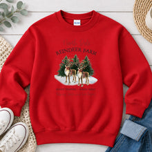 Load image into Gallery viewer, North Pole Reindeer Farm Christmas design on Red crewneck sweatshirt