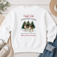 Load image into Gallery viewer, North Pole Reindeer Farm Christmas design on White crewneck sweatshirt