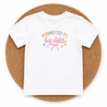 Load image into Gallery viewer, Big Sister Promoted To Big Sister Bow design on white flat lay kids t-shirt