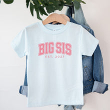 Load image into Gallery viewer, Big Sis Varsity Est 2027 design on light blue kids t-shirt