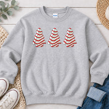 Load image into Gallery viewer, Oh Christmas Tree Cakes Trio Christmas design on Ash Grey crewneck sweatshirt