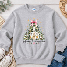 Load image into Gallery viewer, Oh Come Let Us Adore Him Church Christmas design on Ash Grey crewneck sweatshirt