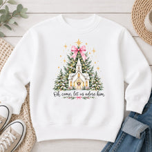 Load image into Gallery viewer, Oh Come Let Us Adore Him Church Christmas design on White crewneck sweatshirt