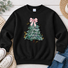 Load image into Gallery viewer, Oh Come Let Us Adore Him Tree Christmas design on Black crewneck sweatshirt