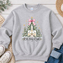 Load image into Gallery viewer, Oh Holy Night Church Pink Bow Tree Christmas design on Ash Grey crewneck sweatshirt