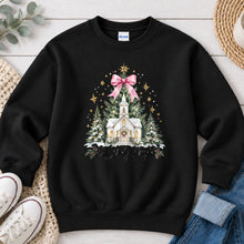 Load image into Gallery viewer, Oh Holy Night Church Pink Bow Tree Christmas design on Black crewneck sweatshirt