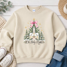 Load image into Gallery viewer, Oh Holy Night Church Pink Bow Tree Christmas design on Sand crewneck sweatshirt