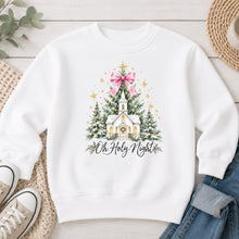 Load image into Gallery viewer, Oh Holy Night Church Pink Bow Tree Christmas design on White crewneck sweatshirt