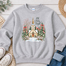 Load image into Gallery viewer, Oh Holy Night Church Pink Bows Christmas design on Ash Grey crewneck sweatshirt