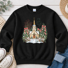 Load image into Gallery viewer, Oh Holy Night Church Pink Bows Christmas design on Black crewneck sweatshirt
