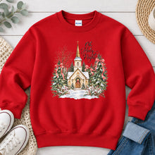 Load image into Gallery viewer, Oh Holy Night Church Pink Bows Christmas design on Red crewneck sweatshirt
