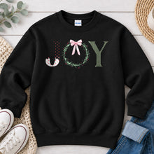 Load image into Gallery viewer, Oh What Joy Wreath Christmas design on Black crewneck sweatshirt