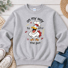 Load image into Gallery viewer, On My Way To Stir The Pot Thanksgiving design on Ash Grey crewneck sweatshirt