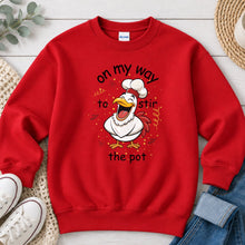 Load image into Gallery viewer, On My Way To Stir The Pot Thanksgiving design on Red crewneck sweatshirt