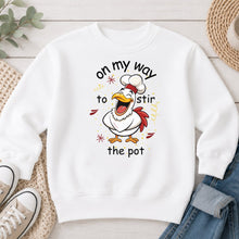Load image into Gallery viewer, On My Way To Stir The Pot Thanksgiving design on White crewneck sweatshirt